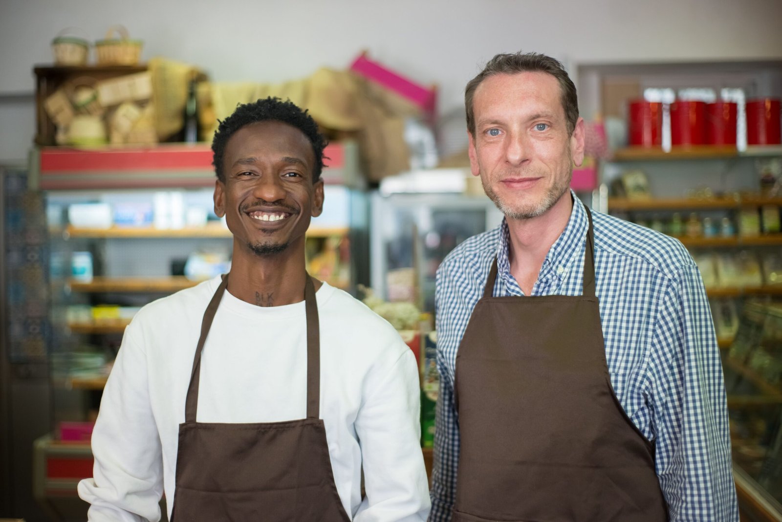 Two small business owners smiling together in their shop, representing practical small business marketing ideas